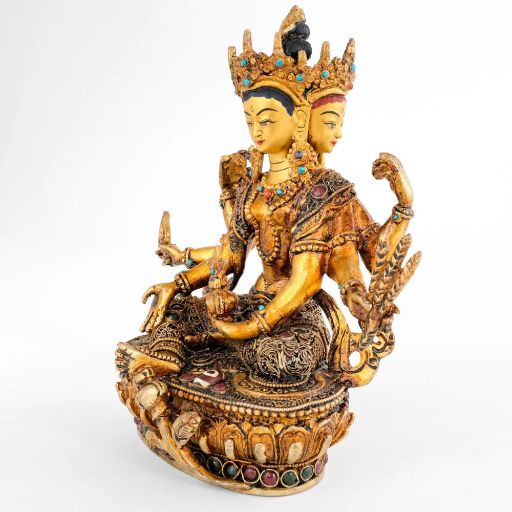 In ihren Händen hält Vasudhara eine Vielzahl von Gegenständen, die ihr zugeschrieben werden. Die Darstellung zeigt sie mit drei Reisähren in ihrer linken Hand, die eine reiche Ernte symbolisieren.