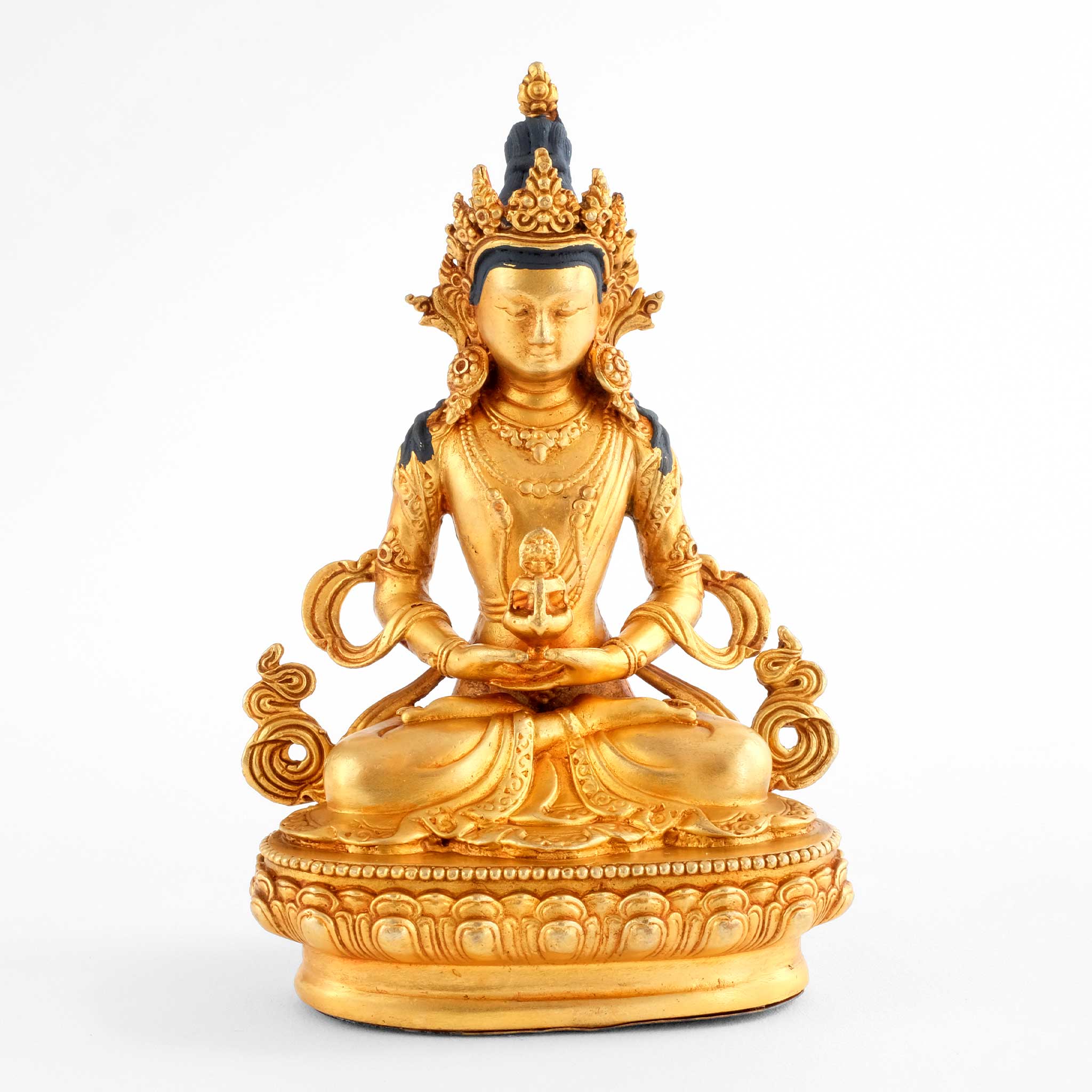 Amitayus Buddha Statue, kleine vergoldete Figur, detaillierter Kupferguss. Sitzt in Padmasana, Hände in Dhyana Mudra mit der Vase des unendlichen Lebens.