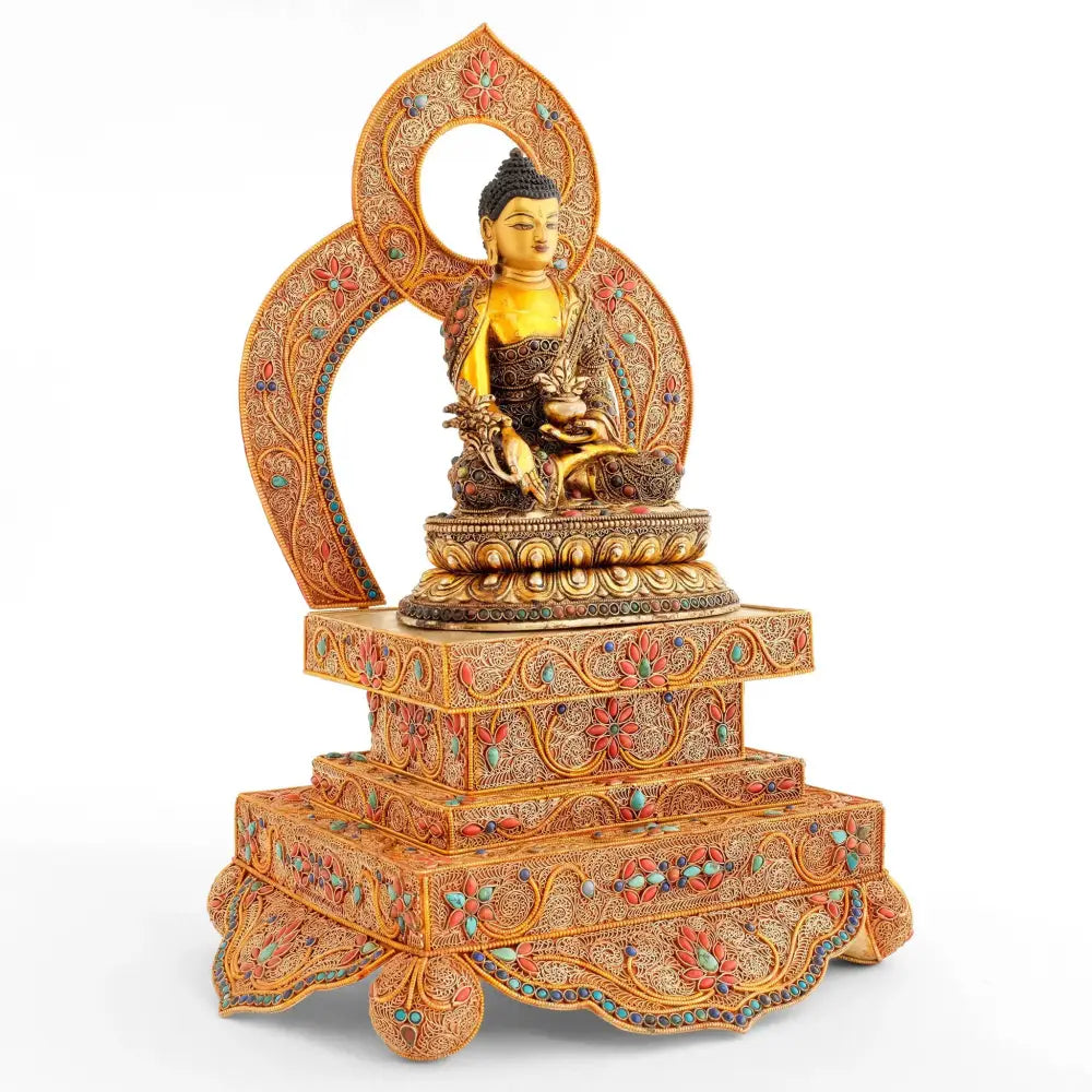 Bhaisajyaguru Medizin Buddha Statue mit Nimbus auf Thron - Statue