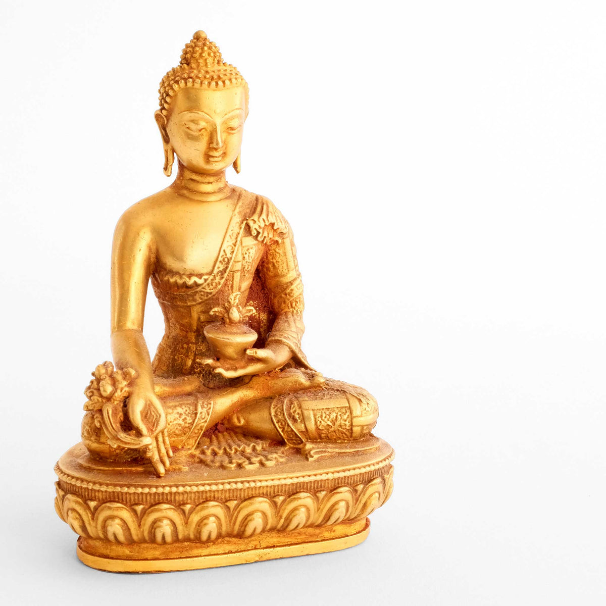 Bhaisajyaguru, der Medizinbuddha, aus dem Buddha Statuen Set, kleine vergoldete Figur, detaillierter Kupferguss. Seitenansicht.