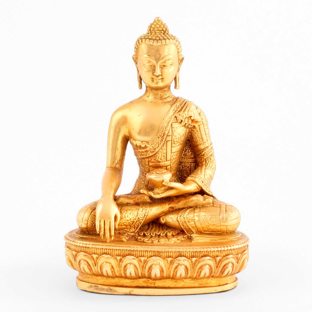 Shakyamuni Buddha aus dem Buddha Statuen Set, kleine vergoldete Figur, detaillierter Kupferguss. Frontansicht.