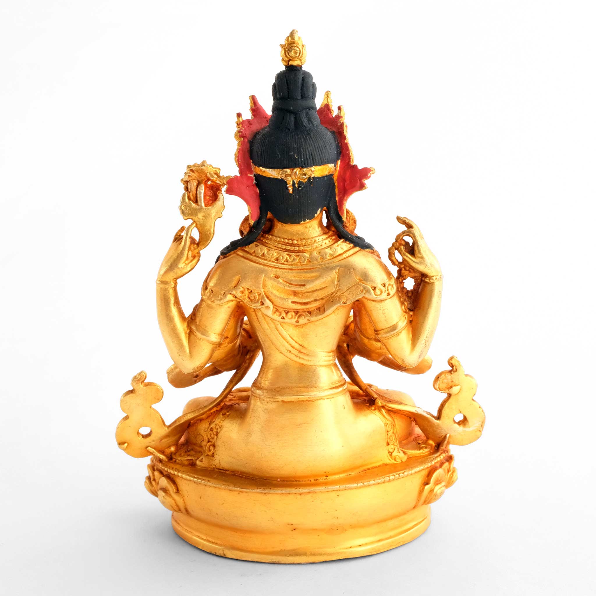 Avalokiteshvara Statue, Chenrezig, kleine vergoldete Figur, detaillierter Kupferguss. Rückseitige Ansicht.