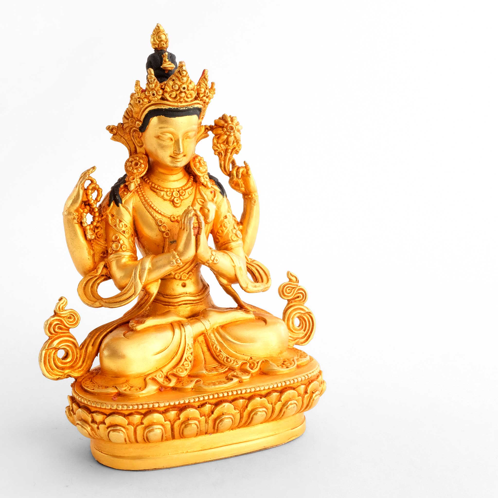 Avalokiteshvara Statue, Chenrezig, kleine vergoldete Figur, detaillierter Kupferguss. Seitenansicht.