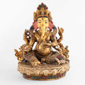 Ganesha Statue, Kupferfigur, im Wachsausschmelzverfahren gegossen, verziert mit feinem Filigran, versilbert und vergoldet. mit farbigen Steinen besetzt. Das Gesicht ist in Gold gefasst.