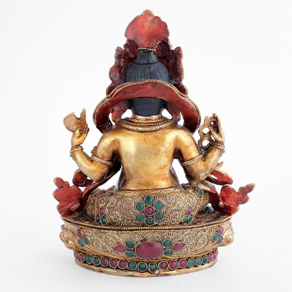 Ganesha Statue, Rückseite, mit Filigran bearbeitet, versilbert und vergoldet. mit farbigen Steinen besetzt.