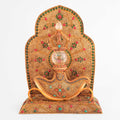 Kartika-Ritualmesser mit Stand, filigrane Ornamentarbeit mit gefassten Steinen und Kristallkugel, tantrisches buddhistisches Ritualobjekt