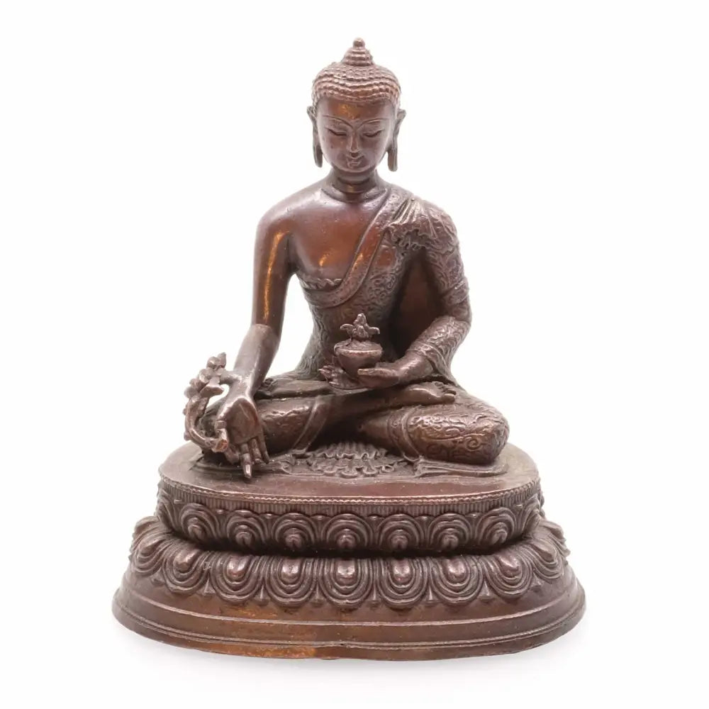 Kleine Medizin Buddha Statue aus Kupfer, oxidiert. Teil des 3er Sets.