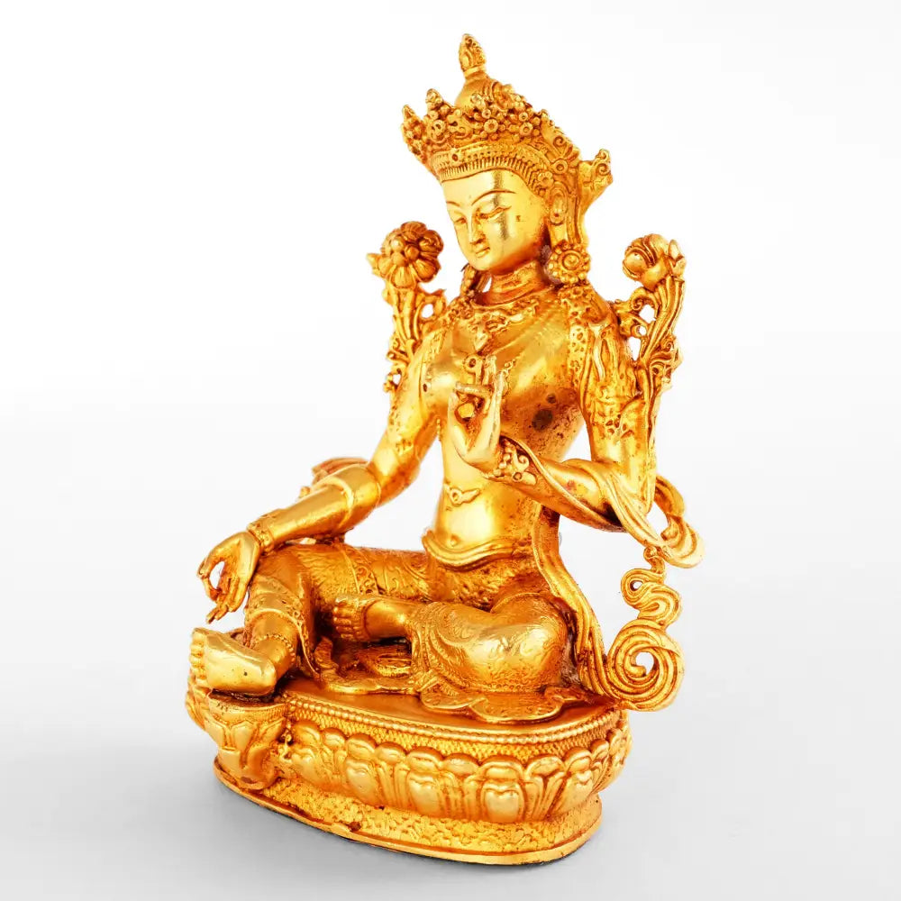 Kleine Grüne Tara Statue spirituelle Schutzfigur im Tibetischen Buddhismus.