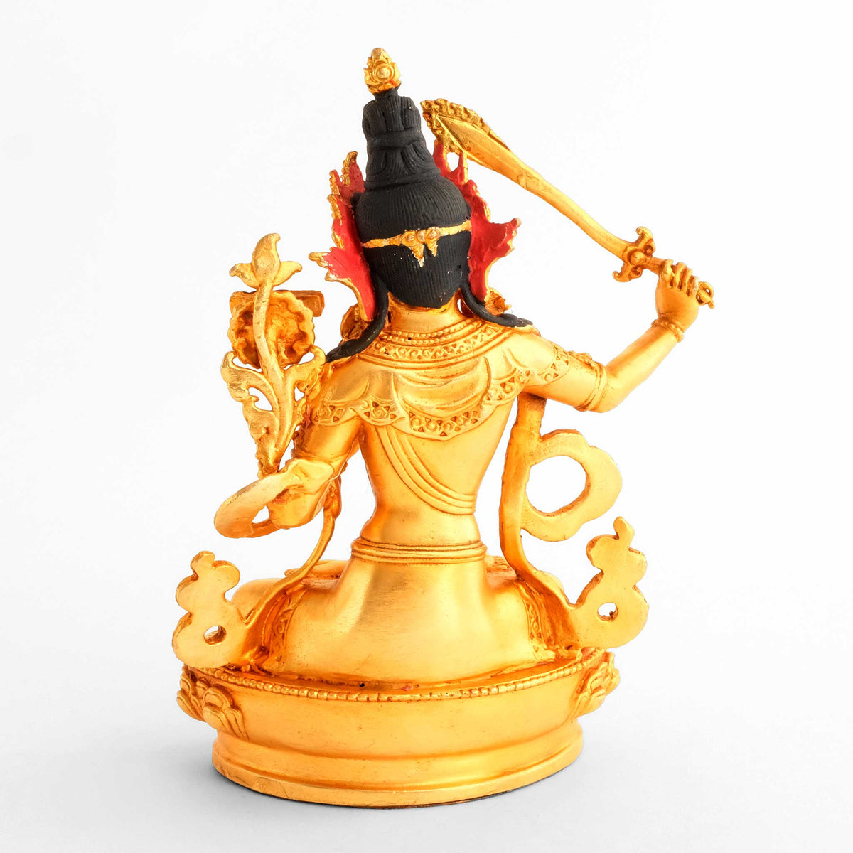 Manjushri Statue, kleine vergoldete Figur, detaillierter Kupferguss. Rückseitige Ansicht.
