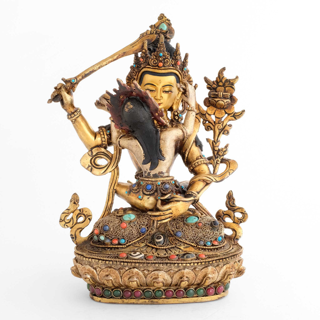 Manjushri in Yab Yum mit Gefährtin auf Lotussockel, vergoldete und versilberte Statue mit Filigran und gefassten Steinen