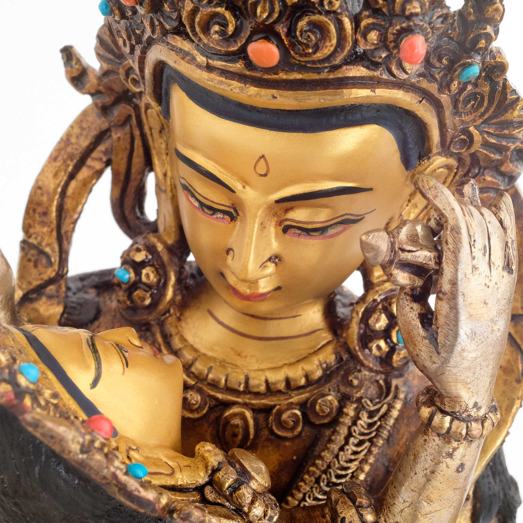 Detail des Gesichts von Manjushri der auf seine Gefährtin sieht