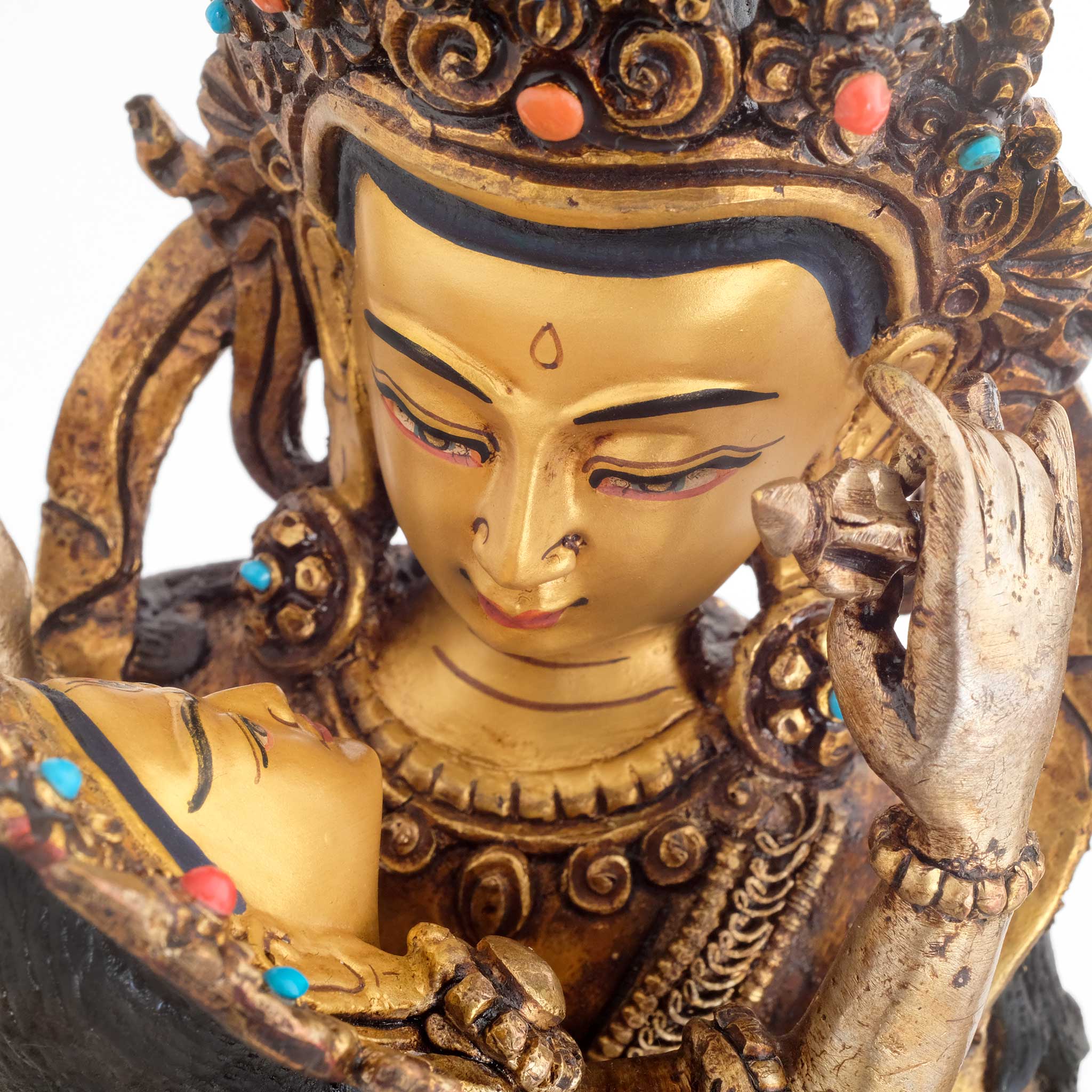 Detail des Gesichts von Manjushri der auf seine Gefährtin sieht