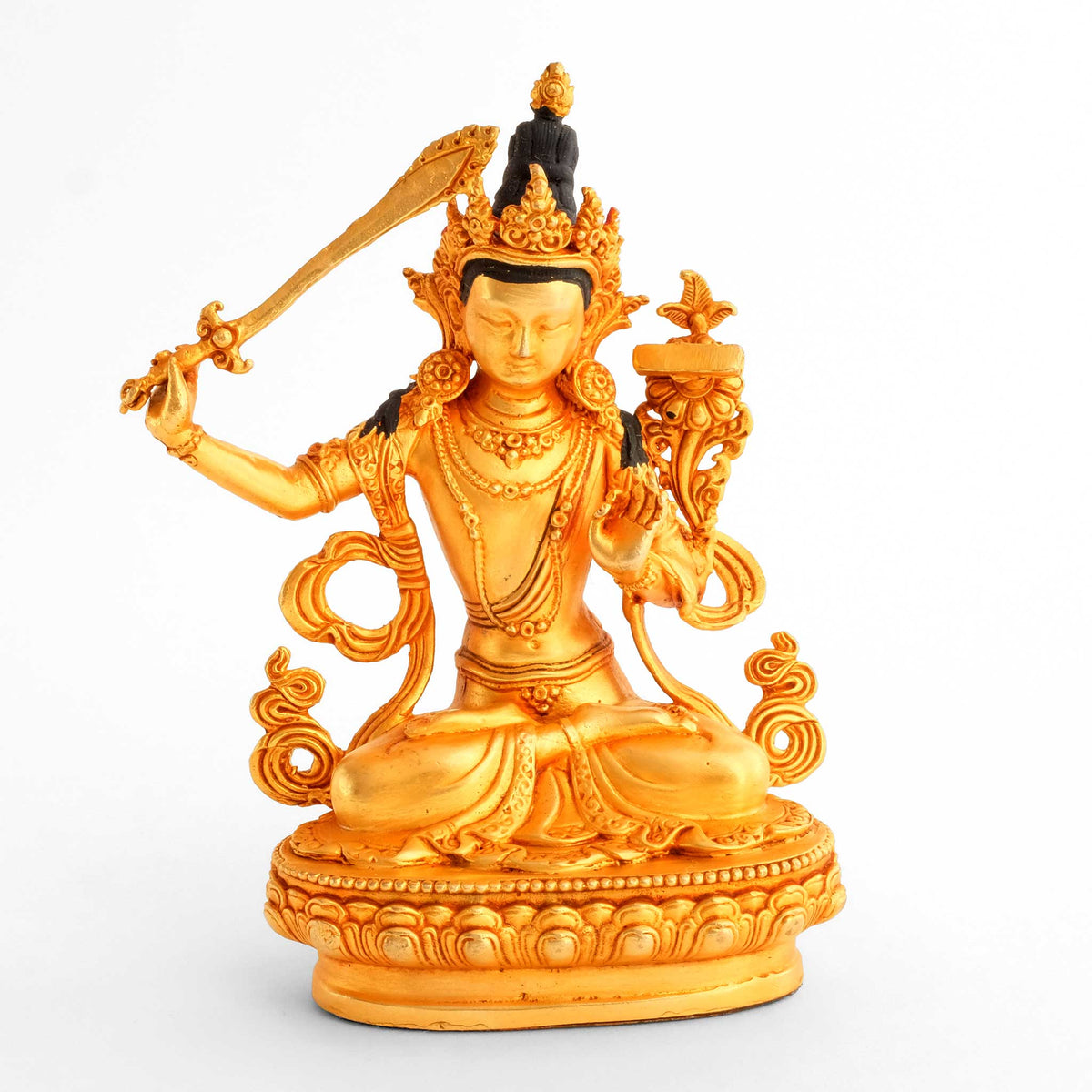 Manjushri Statue, kleine vergoldete Figur, detaillierter Kupferguss. Rechte Hand hält das flammende Schwert, linke Hand vor der Brust in Vitarka Mudra.