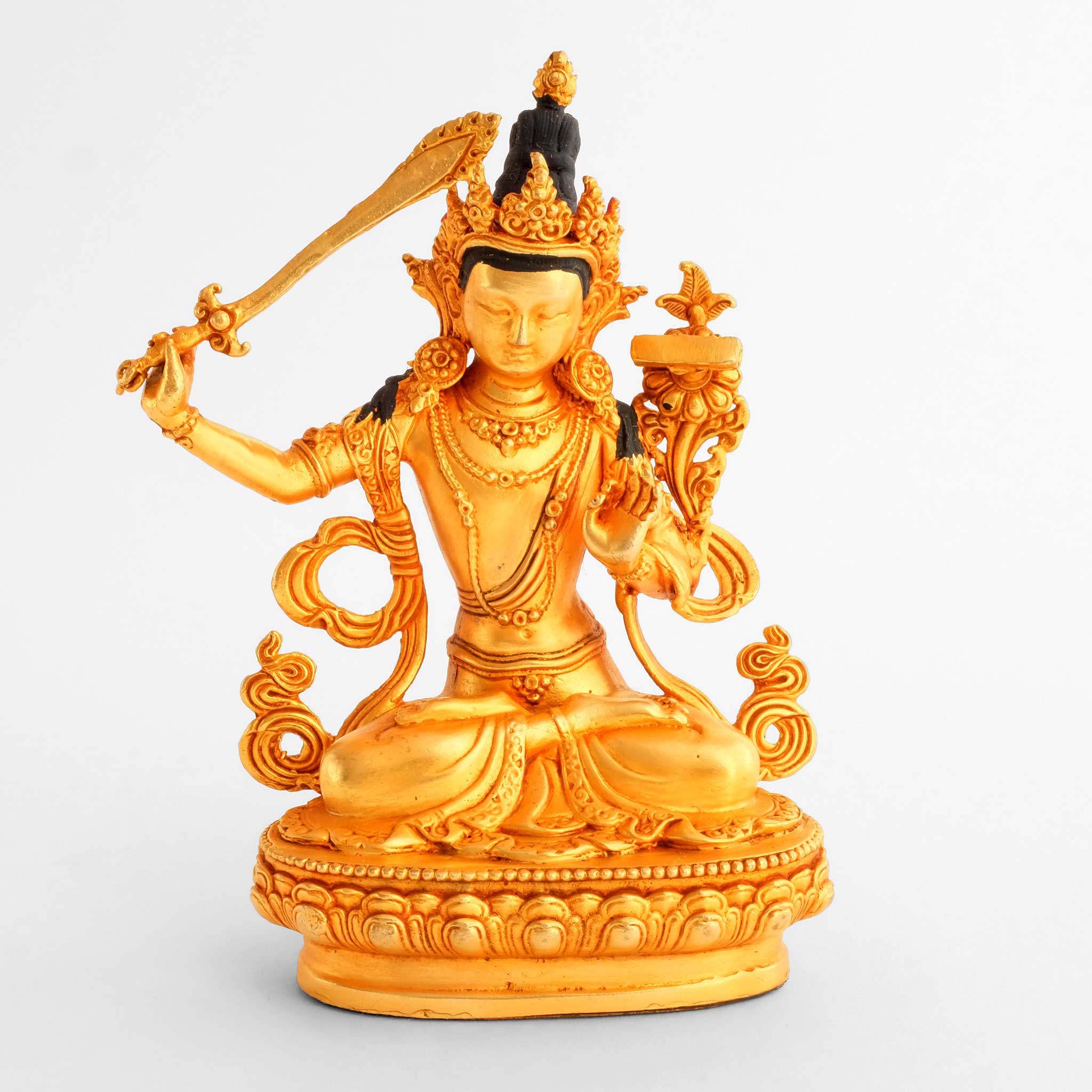 Manjushri statue, kleine vergoldete Figur, detaillierter Guss.