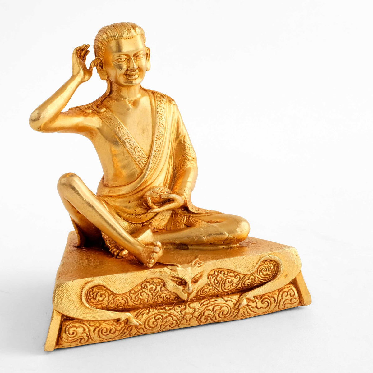 Jetsun Milarepa Figur, kleine vergoldete Figur, detaillierter Kupferguss. Seitenansicht.