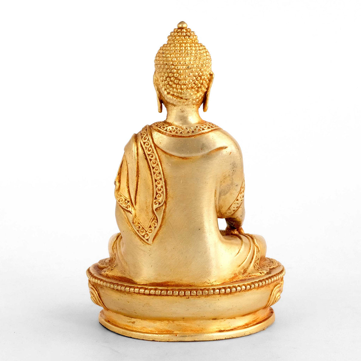 Kleine vergoldete Shakyamuni Buddha Statue, kleine vergoldete Figur, detaillierter Kupferguss. Rückseitige Ansicht.