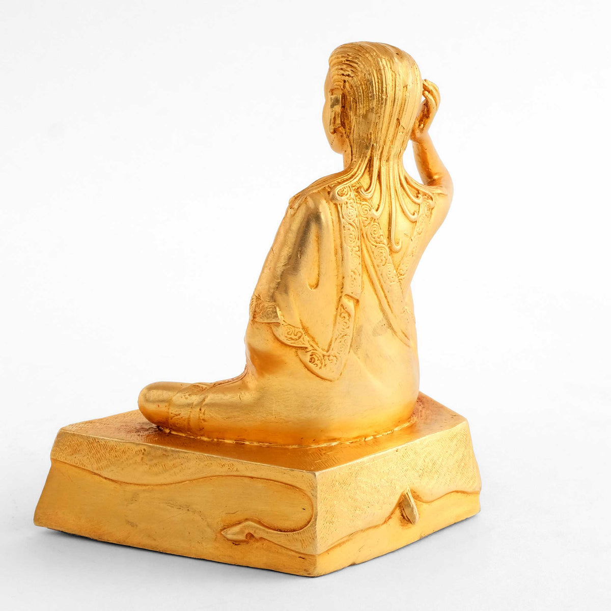 Jetsun Milarepa Figur, kleine vergoldete Figur, detaillierter Kupferguss. Rückseitige Ansicht.