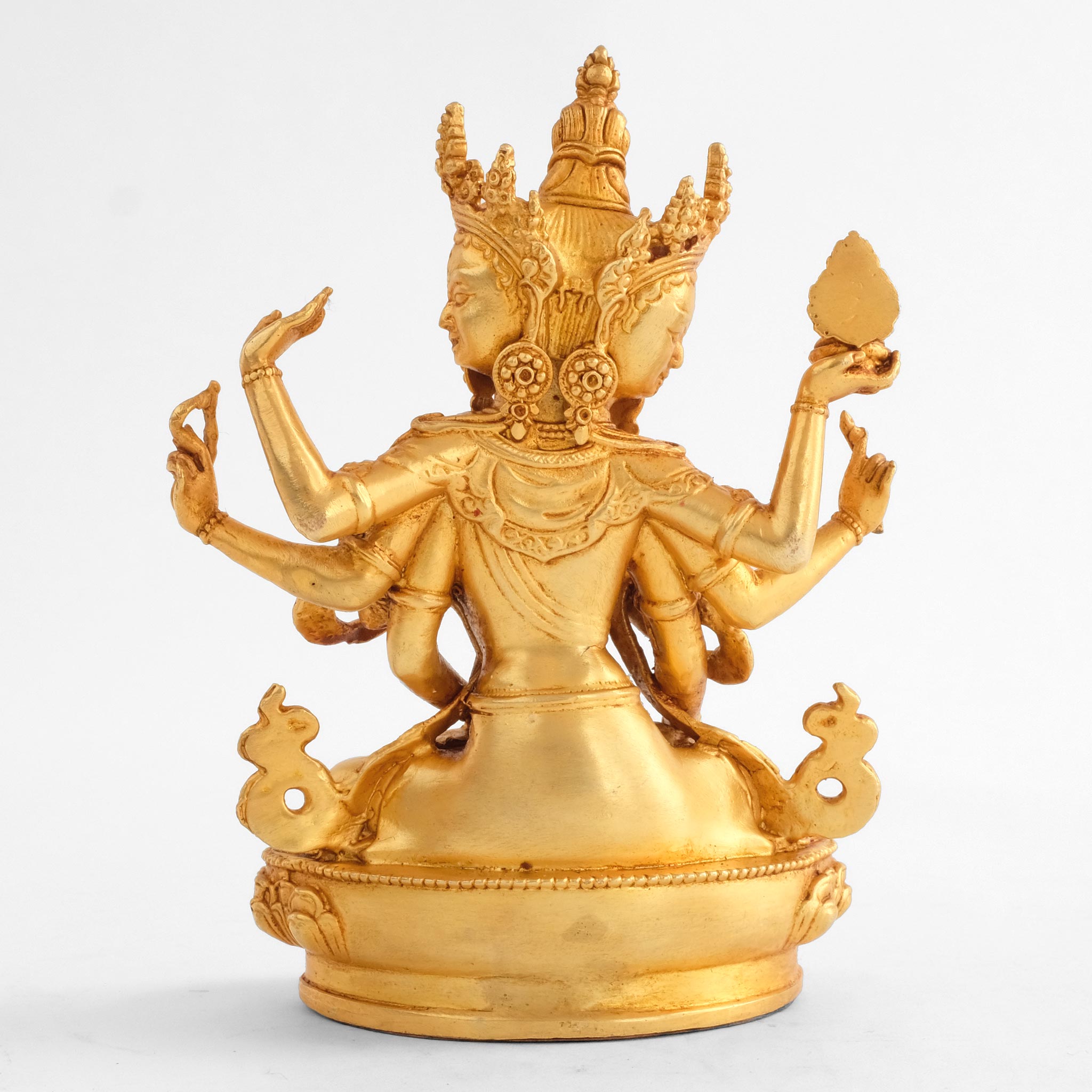 Ushnishavijaya Statue, Namgayalma, kleine vergoldete Figur, detaillierter Kupferguss. Rückseitige Ansicht.