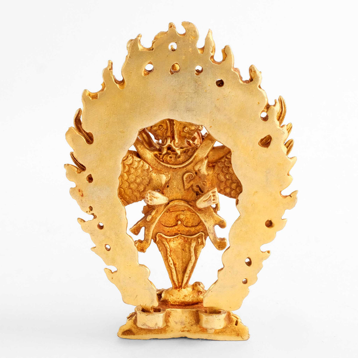 Kleine Vajrakilaya, Dorje Phurba Statue. Rückseite, der Strahlenkranz wird am Sockel eingesteckt.