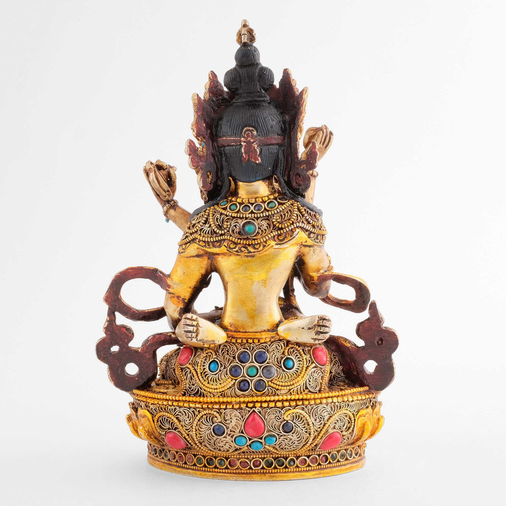Rückansicht der Vajrasattva Yab Yum Statue, mit Filigran und farbigen Steinen verziert.