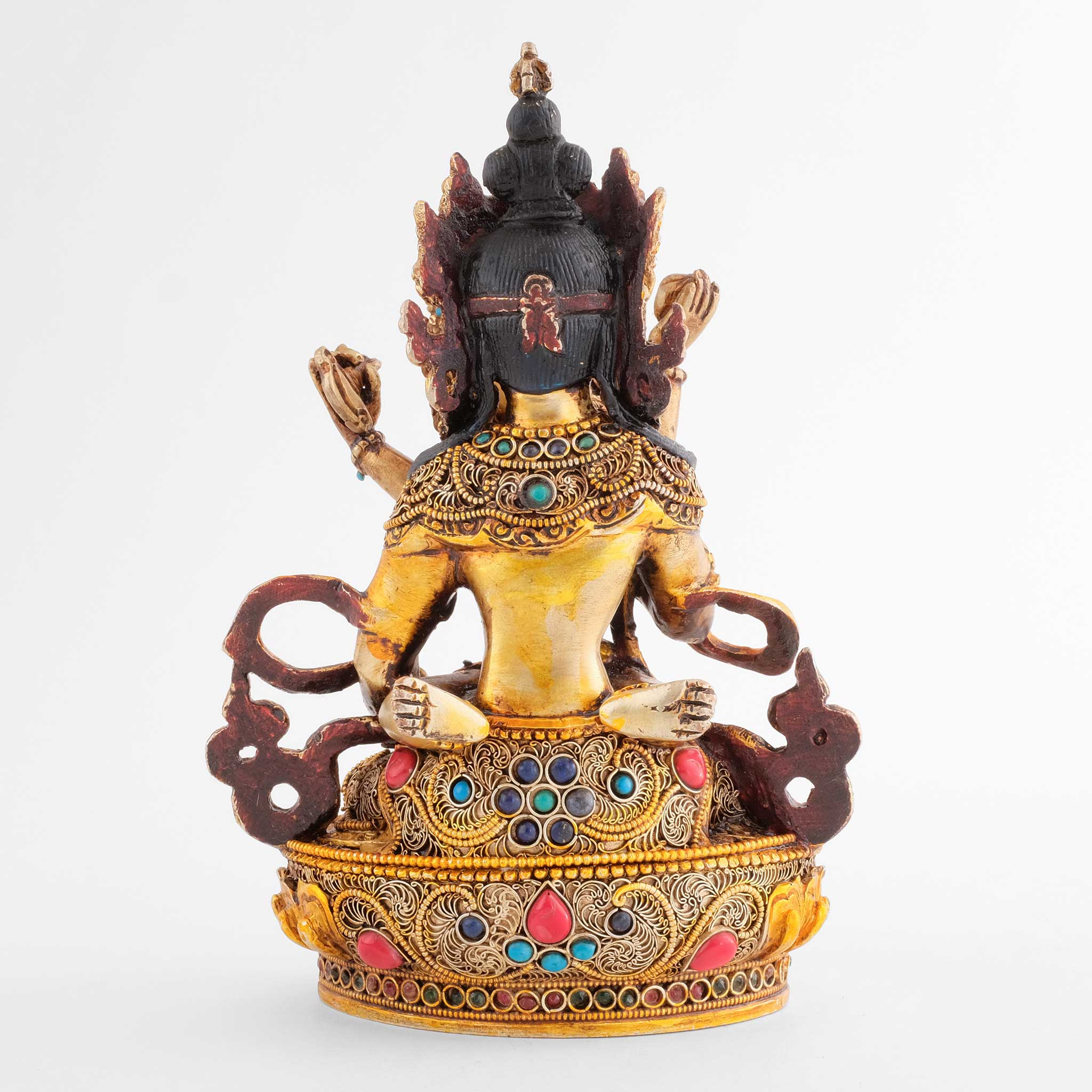 Rückansicht der Vajrasattva Yab Yum Statue, mit Filigran und farbigen Steinen verziert.