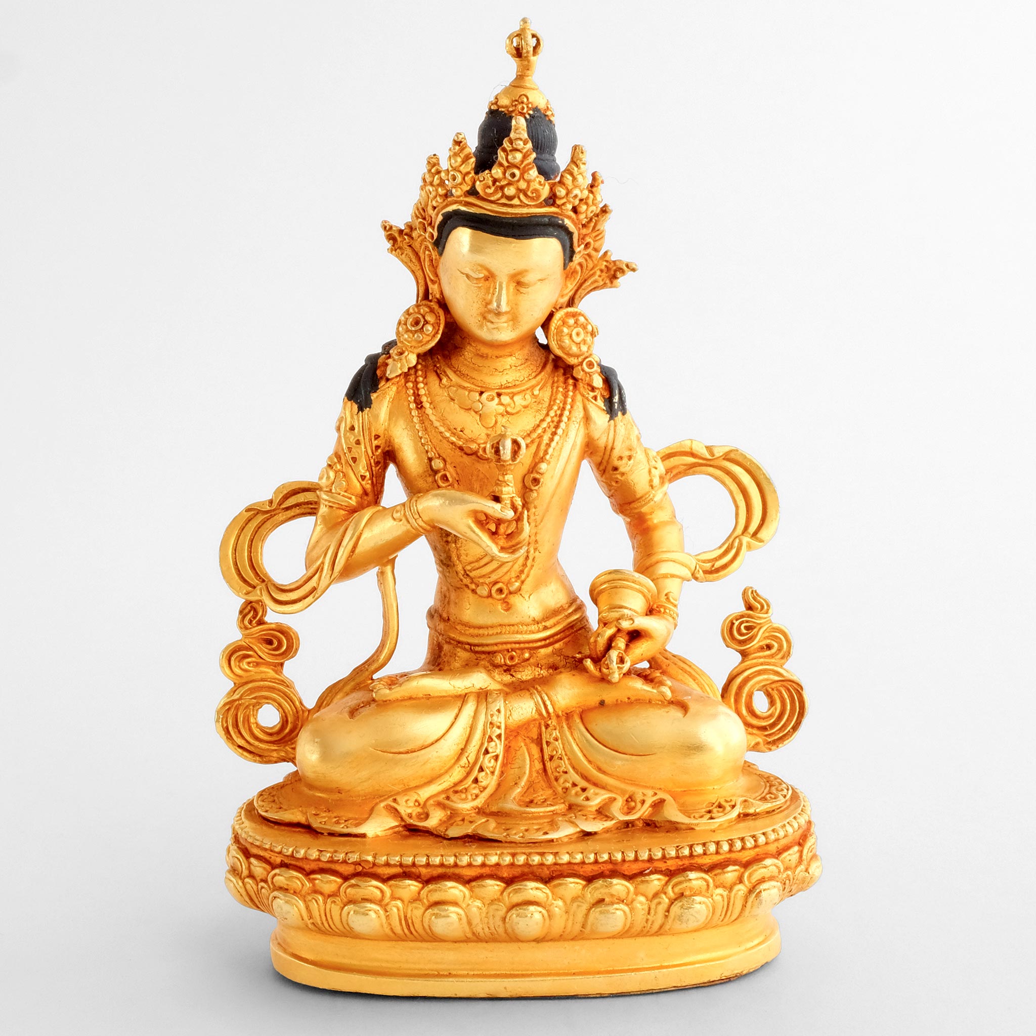Vajrasattva, Dorje Sempa, kleine vergoldete Figur, detaillierter Kupferguss.