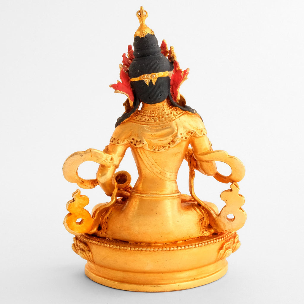 Vajrasattva Statue, Dorje Sempa, kleine vergoldete Figur, detaillierter Kupferguss. Rückseitige Ansicht.