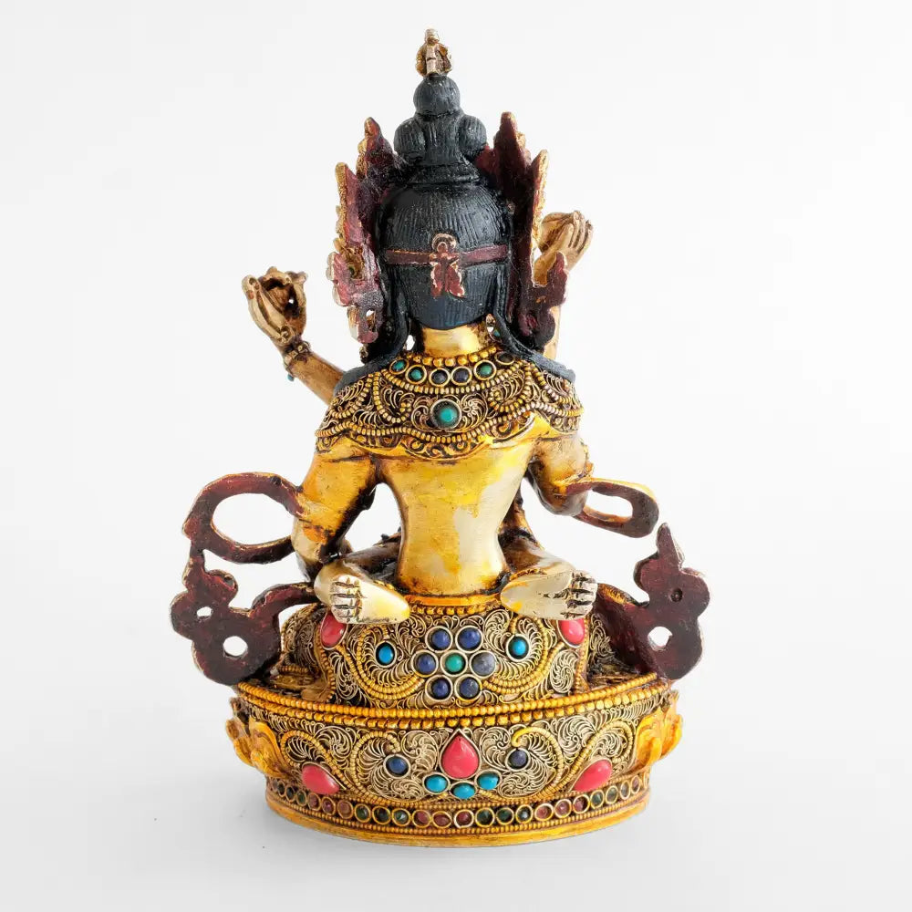 Rückansicht der Vajrasattva Gemahlin, vergoldete Statue mit Filigran und farbigen Steinen verziert.