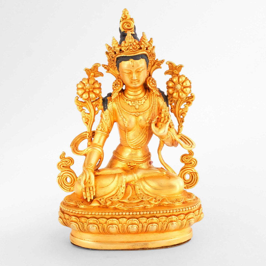 Weiße Tara, kleine Figur, vergoldeter detaillierter Kupferguss.