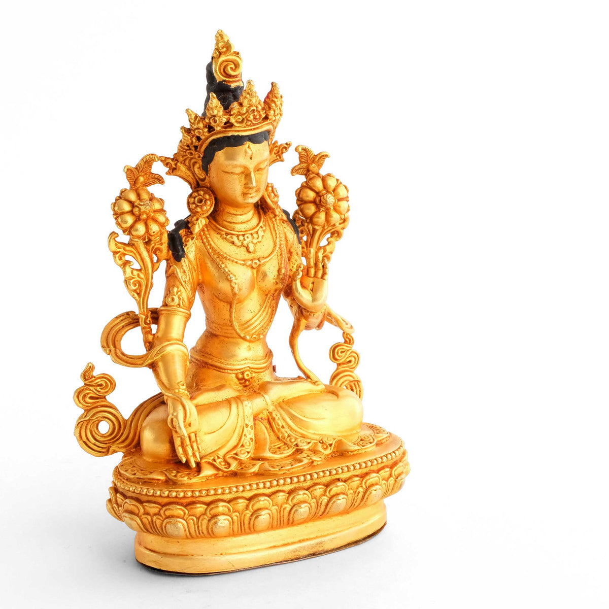Kleine vergoldete Weiße Tara Statue, detaillierter Kupferguss. Seitliche Ansicht der Figur.